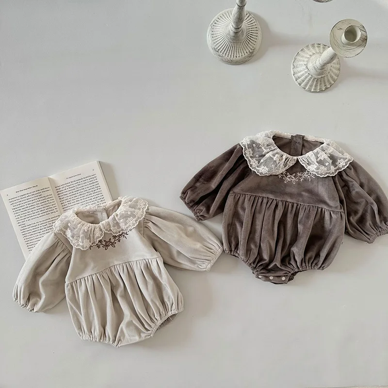 2024 New Spring Infant Baby Girl Bodysuits Long Sleeved Golden Velvet  Lace Splicing Newborn Baby Girl Jumpsuit Children Clothes