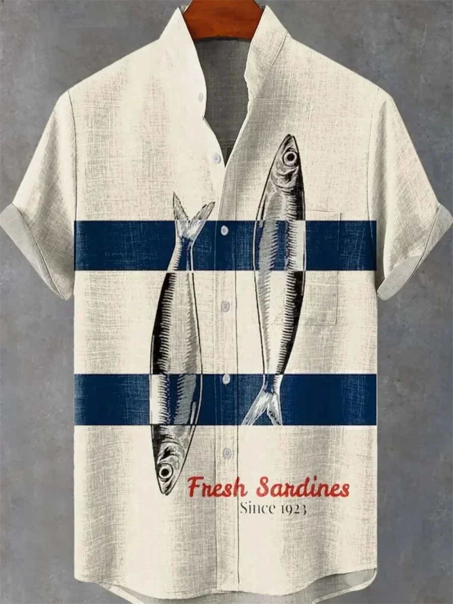 New summer men's retro 3D art print striped fish pattern casual fashion linen men's stand collar shirt