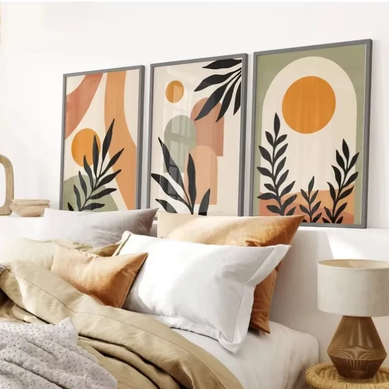 البوهيمي مجردة جدار الفن البيج الأخضر الطين الشمال الحديثة قماش اللوحة يترك كتلة غرفة نوم المشارك يطبع الصورة