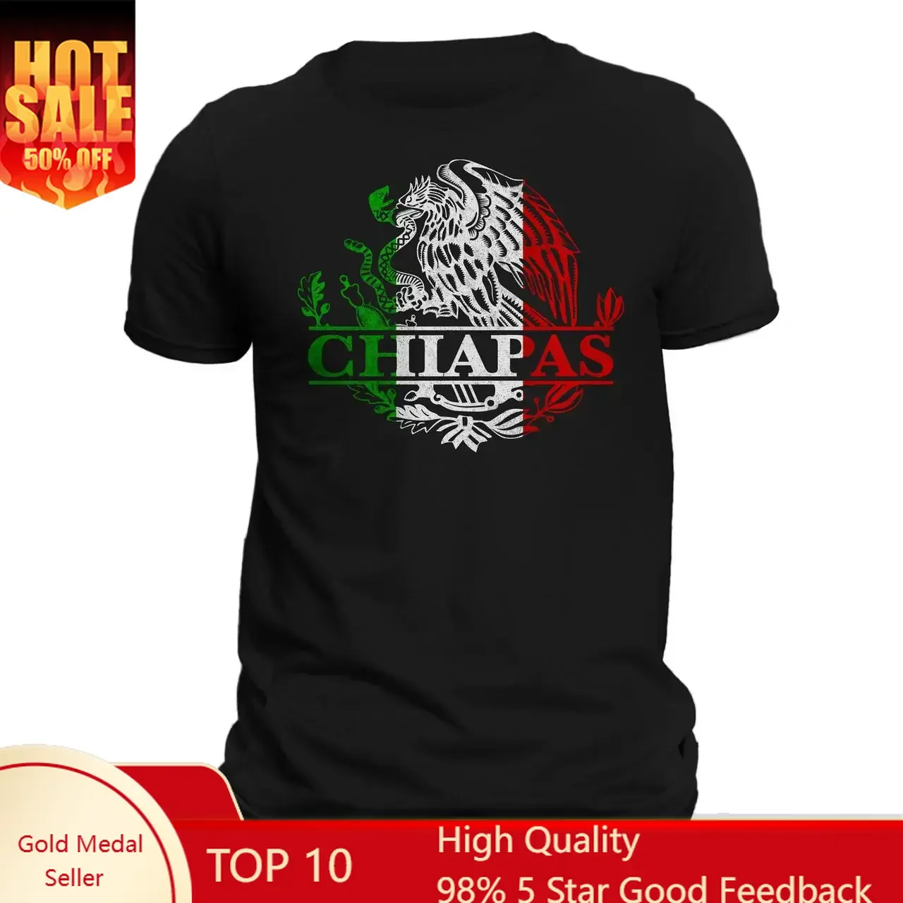 Chiapas Mexico Eagle Emblem T-Shirt - 100% Ring-spun Combed Cotton Classic Crew Neck Regular Fit Casual Versatile Wear
