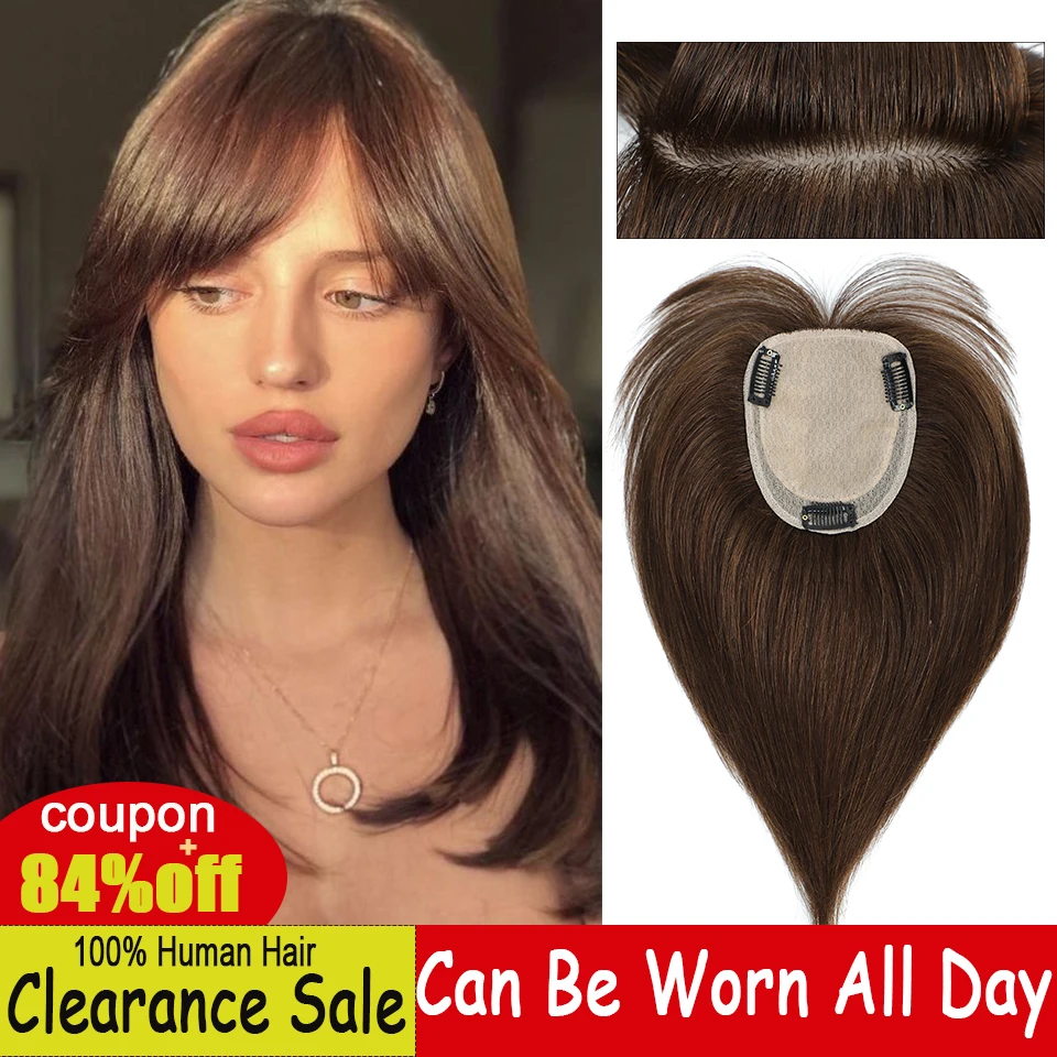 Dazzeal Hair Toppers For Women Straight Hair Extensions Clip In Human Hair Topper With Bangs Brown Silk Base Human Hair Topper