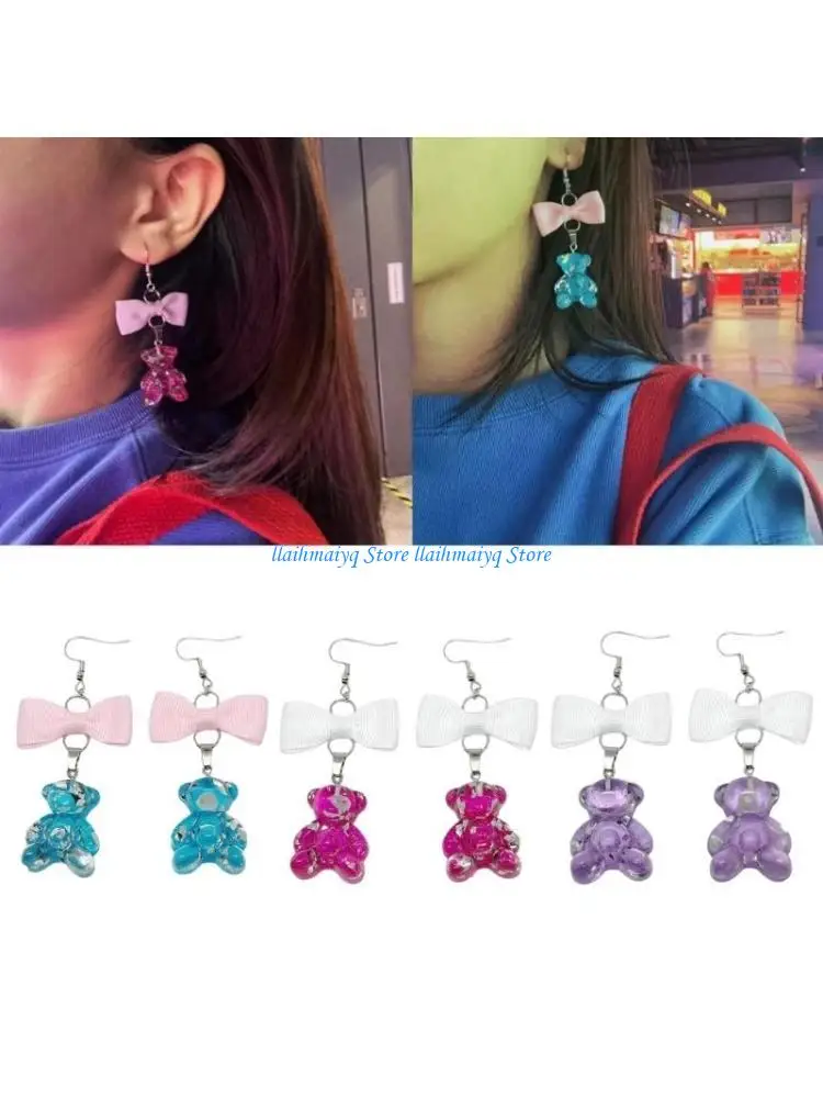 

573B Colorful Resin Earrings Bowknot Drop Danglers Charm Earring Lovely Girls Earrings Cartoon Candy Bear Pendant Earrings