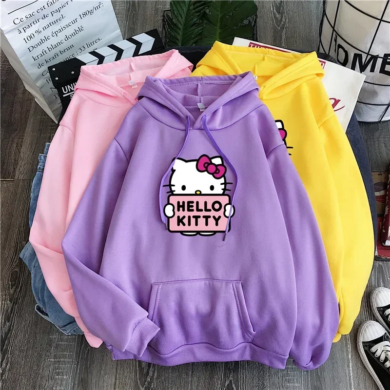 Sanrio Hoodies Hello Kitty Anime Printed Printed Loose Comfort Long-sleeved Hooded Jacket Kawaii Girl Women Sweater