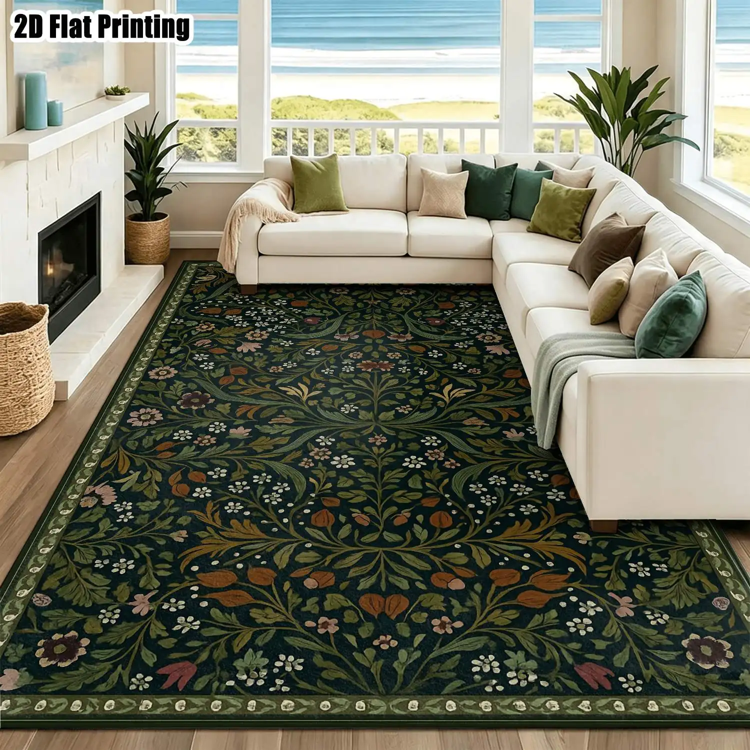 1Pc 2D Printed Carpet: Dark Green Base, Brown-Red Floral Patterns Retro, European, Bohemian, Geometric-Line Styles, Machine Washable, Multi-Size, Ideal for Living Room, Bedroom, Dining Room, Entryway, Study Home Decor.