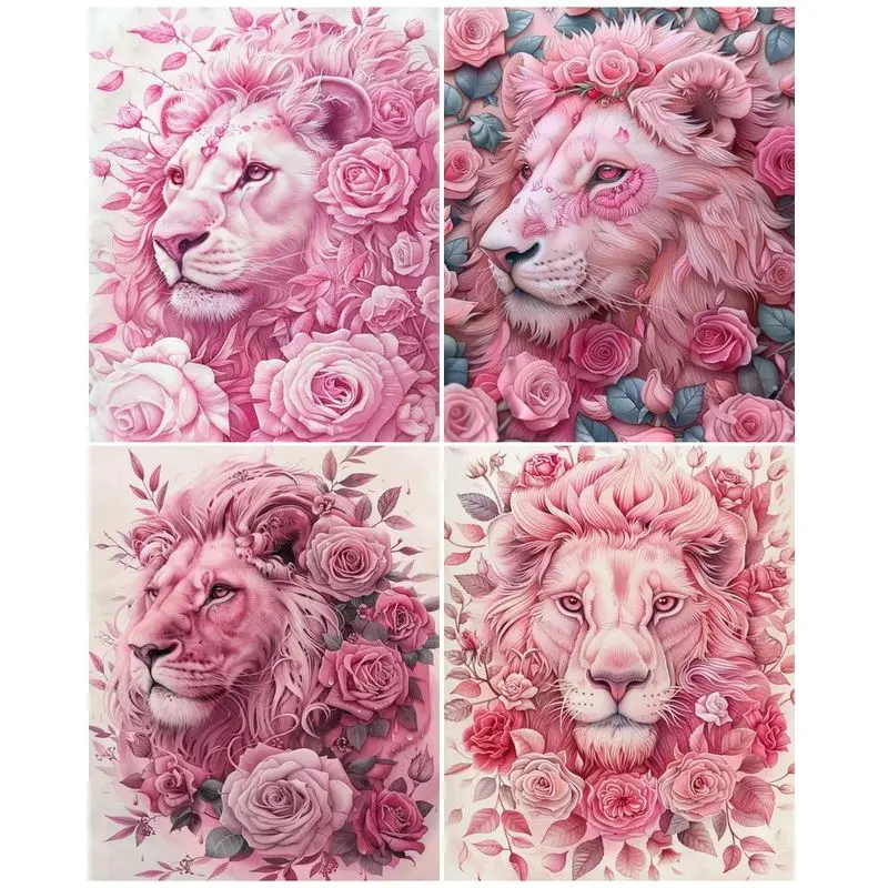 

CHENISTORY 5D Diamond Painting Full Square Pink Rose Lion Rhinestone Picture Diamond Embroidery Animal Cross Stitch Home Decor