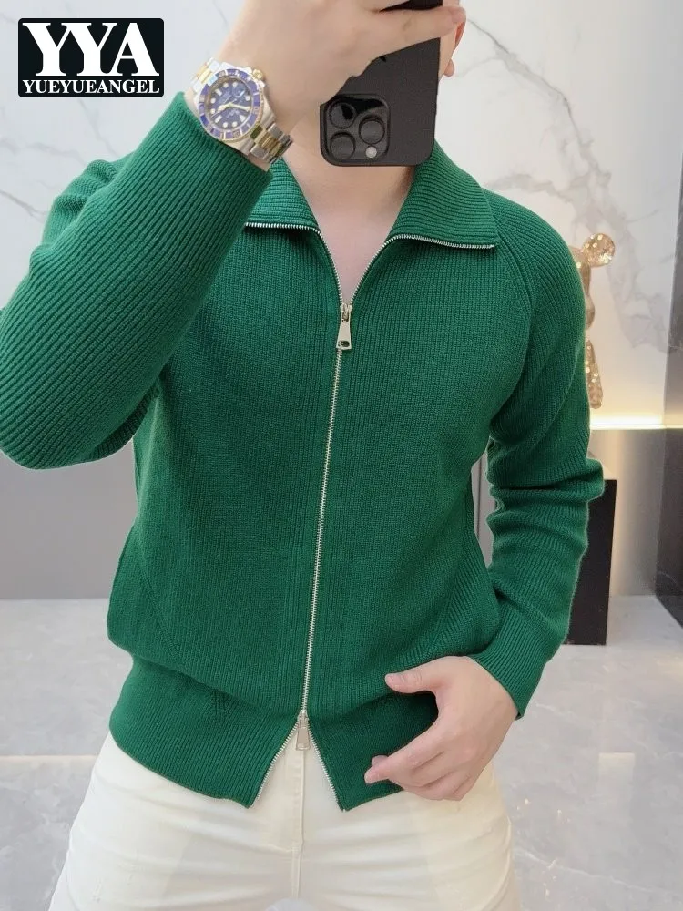 

Men Lapel Collar Zipper Slim Fit Sweater Coat New Fashion Business Man Work Knitted Jacket Green Wool Cardigan Winter Knitwear
