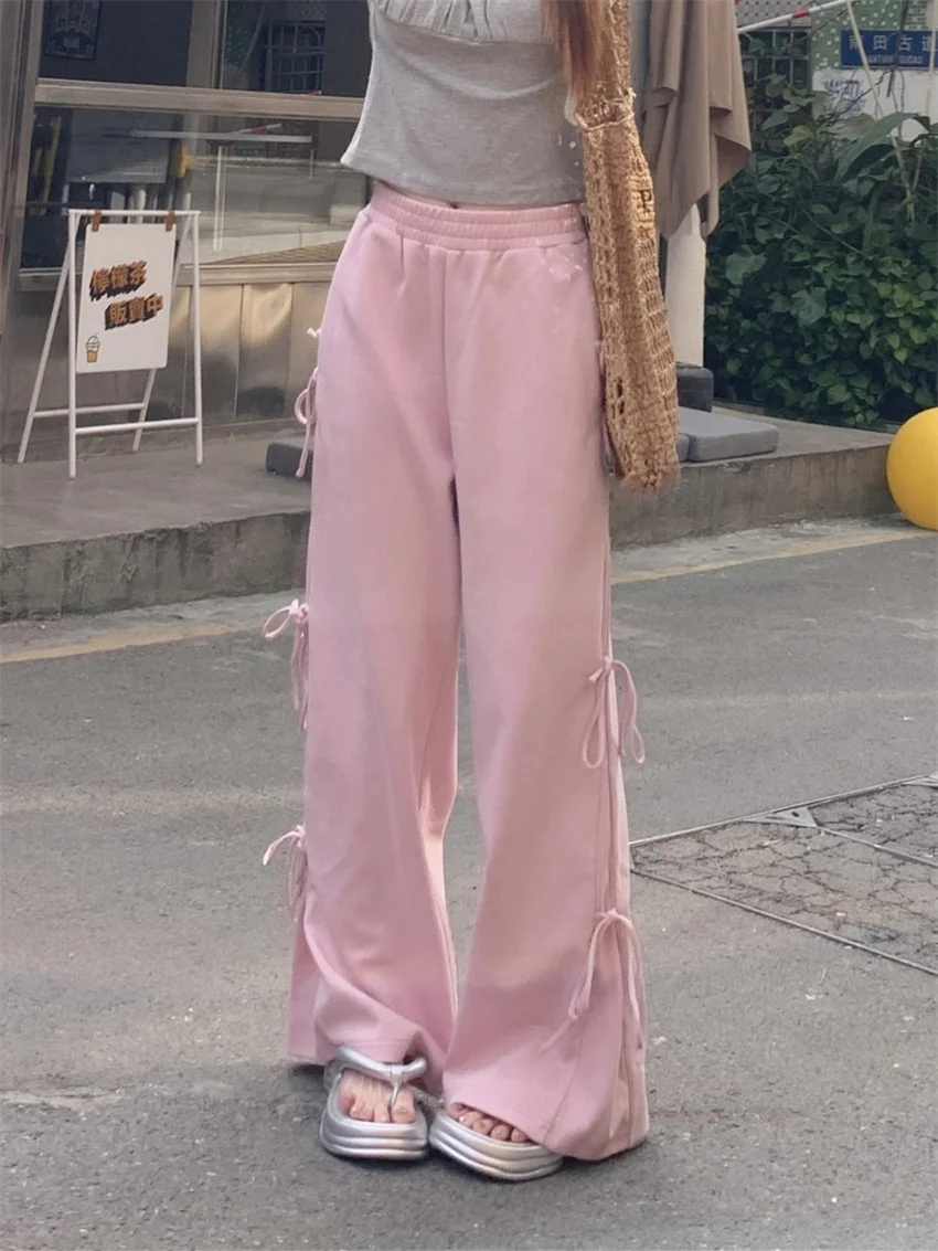 PLAMTEE Sports Straight Mopping Trousers Bow Women Wide Leg Summer Solid Casual New 2024 Loose Office Lady High Waist Slim