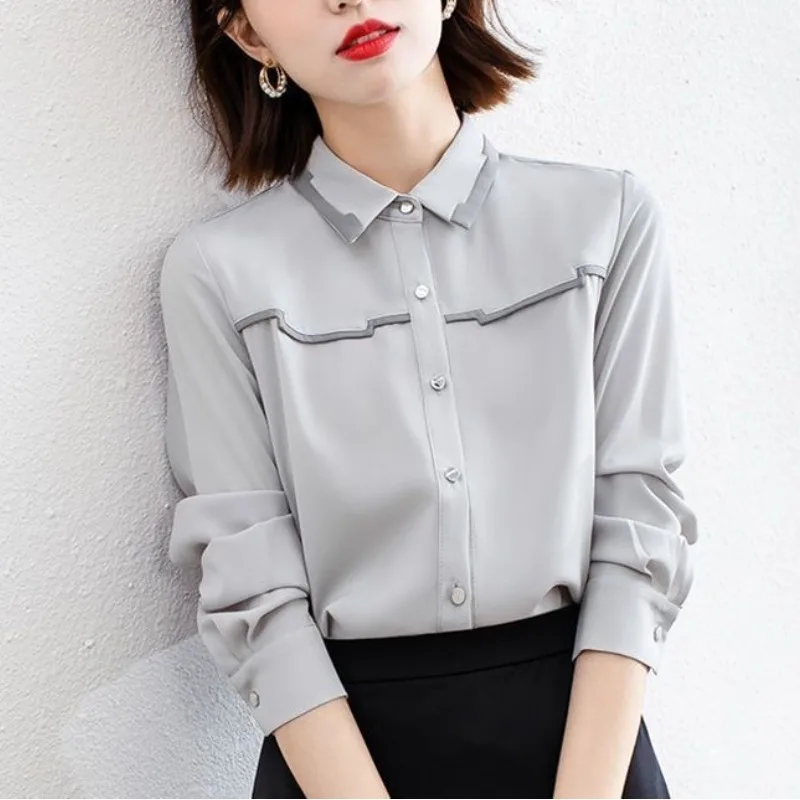 Summer Women\'s 2024 New Patchwork Shirt Collar Button Solid Color Elegant Slim Fit Versatile Casual Long Sleeved Blouses Shirts