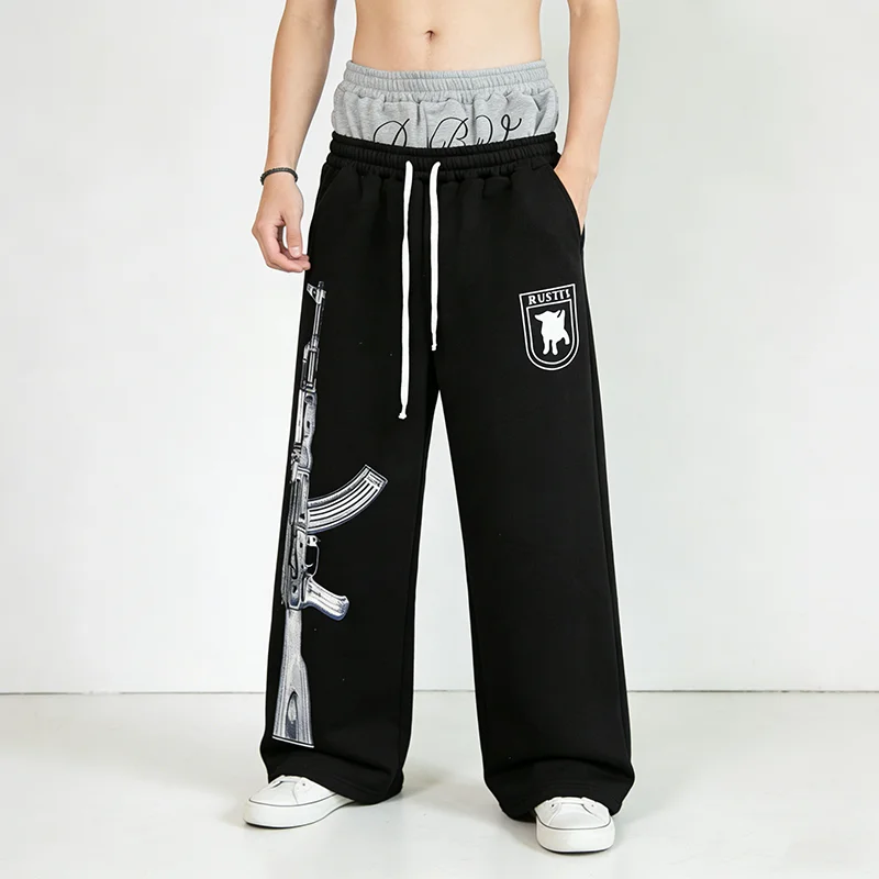 

Брюки с двойной талией и буквенным принтом, повседневные прямые брюки с узором огнестрельного оружия, свободные и модные спортивные штаны, новинка весны