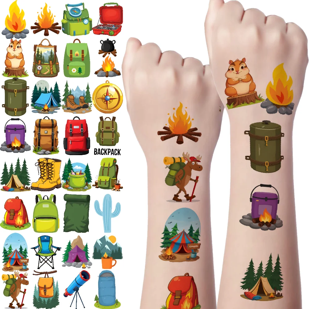 

63pcs Temporary Tattoo Camping Decals Cartoon Camp Outdoor Stickers Waterproof Long-lasting Body Stickers For Girls Shoulders
