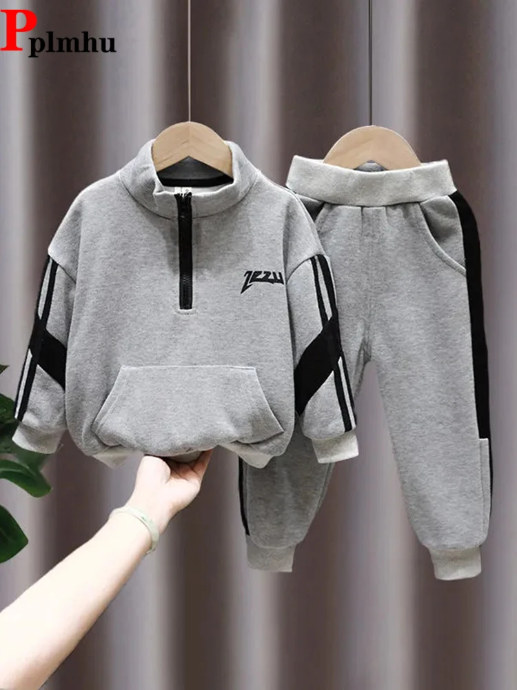 Spring Fall 2 Piece Set Boys Half Zipper Sweatshirt Outfit Baggy Casual Kids Sweatpants Ensemble Fashion Children Tracksuit Sets