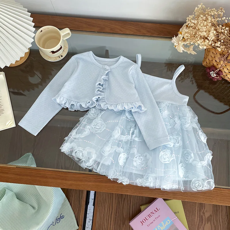 Girls Set 2026 Spring New Korean Lace Cardigan Light Blue Rose Yarn Skirt Two Piece Set Fashionable Atmosphere
