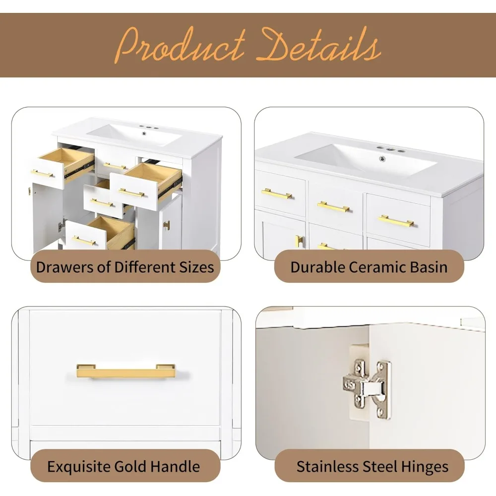 36" Bathroom Vanities with Single Sink Set, Bathroom Storage Cabinet with 4 Drawers and 2 Soft Closing Doors, Solid Wood Frame B