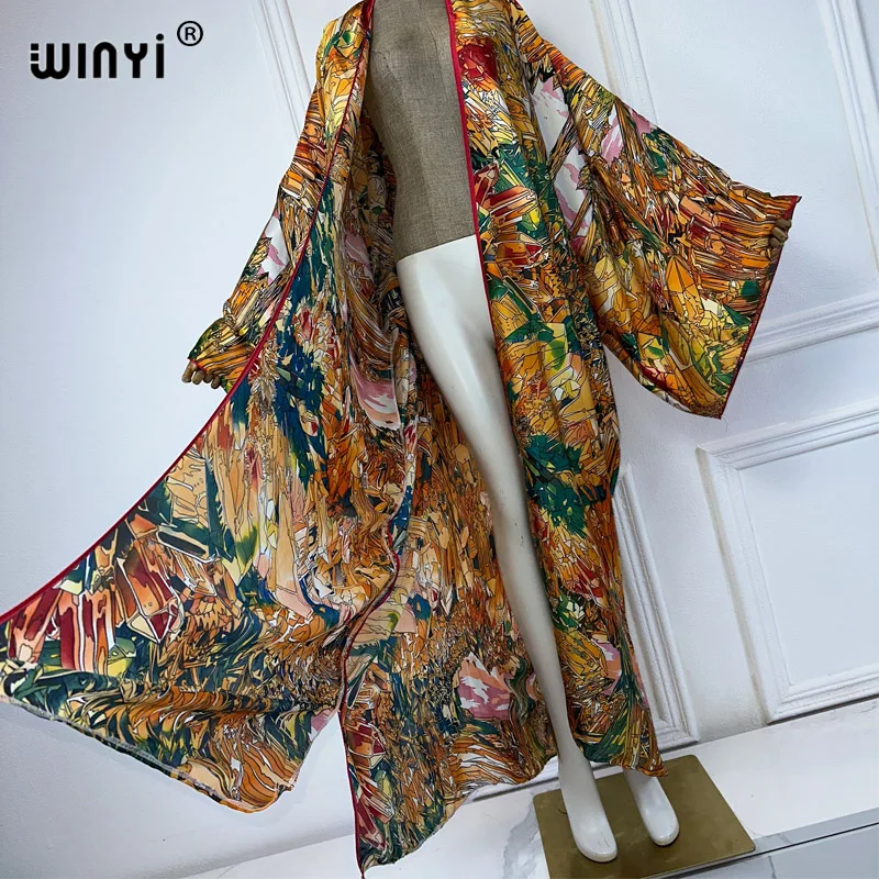 WINYI Kimono kobiety lato nowy nadruk sweter z długim rękawem bluzka damska luźna abaja narzutka plażowa sukienka boho impreza kaftan