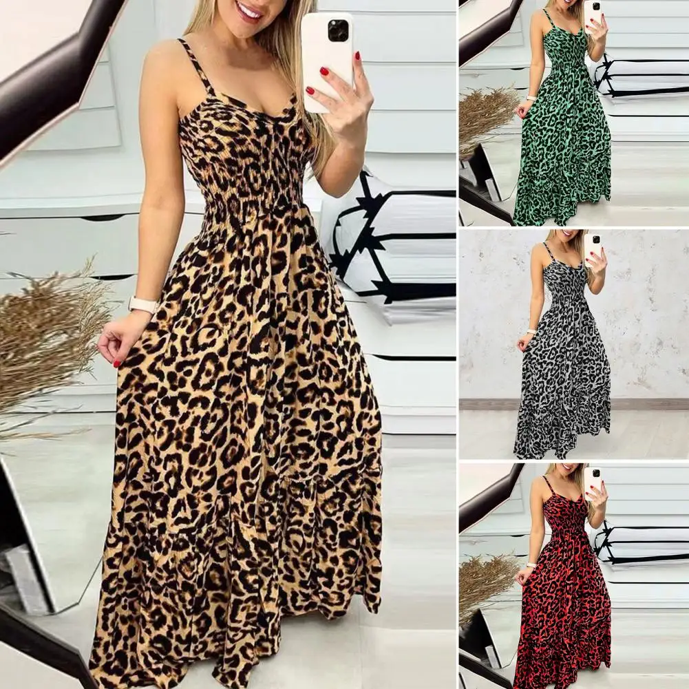 

Elegant Waist Dress Leopard Print Strappy Maxi Dress with Low-cut V Neck Backless Design Women's Vacation Beach Dress with Tight