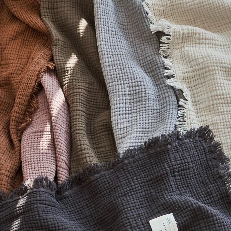 AIWINSURE-Simple Cotton Throw Blanket for Sofa Bed, Soft, Breathable, Vintage, Four-Layer Yarn, Tassel Blanket, 200x230