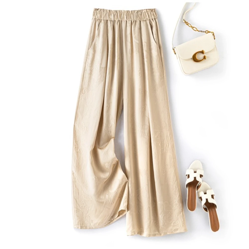 2025 Women's Fashion Summer New Style 100% Natural Mulberry Silk GuanLe Satin Champagne Loose High Waist Casual Wide Leg Pants