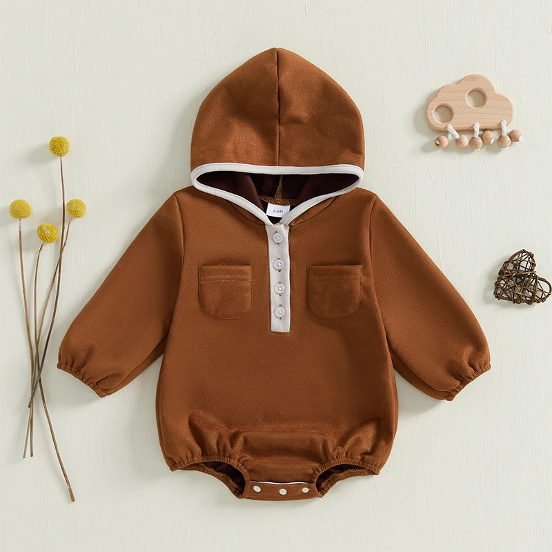 0-18 Months Baby Boy Hooded Romper Contrast Color Long Sleeve Button Front Pockets Bodysuit Newborn Fall Clothes