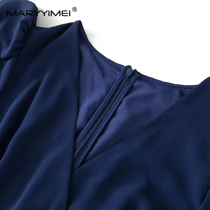 MARYYIMEI ファッションデザイン レディース イブニングドレス Vネック フレアスリーブ ソリッドスパンコール Aライン ボールガウン ドレス ベルト付き