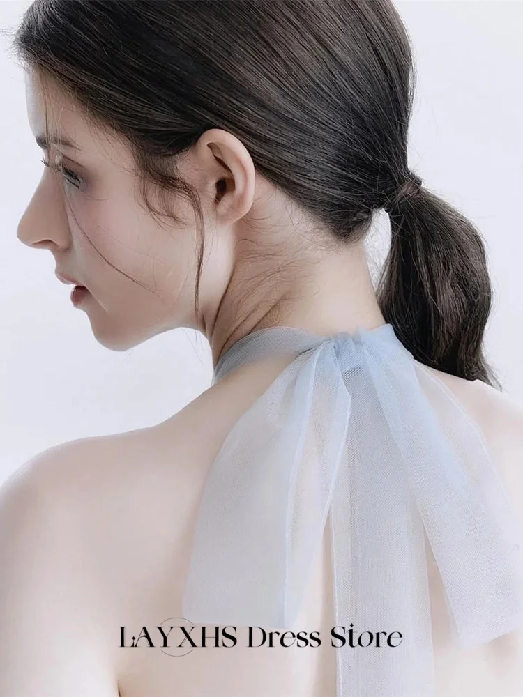 LAYXHS eleganckie suknie wieczorowe Korea Halter jasnoniebieski tiul linia A długość podłogi suknie ślubne dostosowana szata de mariée