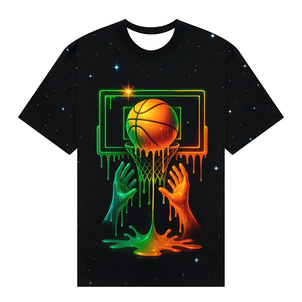 Men Basketball Graphic T-Shirt Neon Drip Print Short Sleeve O-Neck Tee Galaxy Starry Background Sports Fan Streetwear Tops