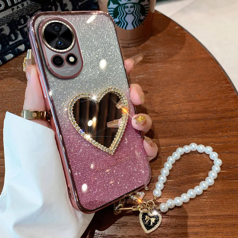 

Роскошный чехол с жемчужным браслетом 12 12SE 10SE, чехол для Huawei Nova 12 11 10 9 SE pro Mate 20x, зеркальный чехол со стразами с ремешком