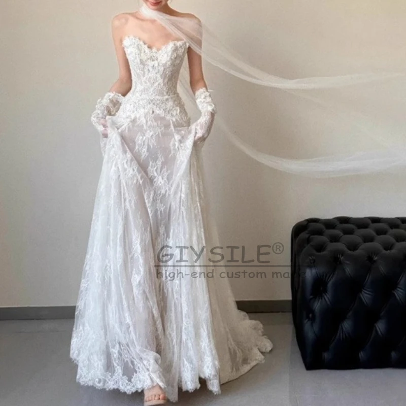 GIYSILE Gaun Pengantin Tanpa Tali Kustom Applique Tulle A Line Tanpa Lengan Sapu Kereta Gaun Pernikahan Pesta Formal Vestidos