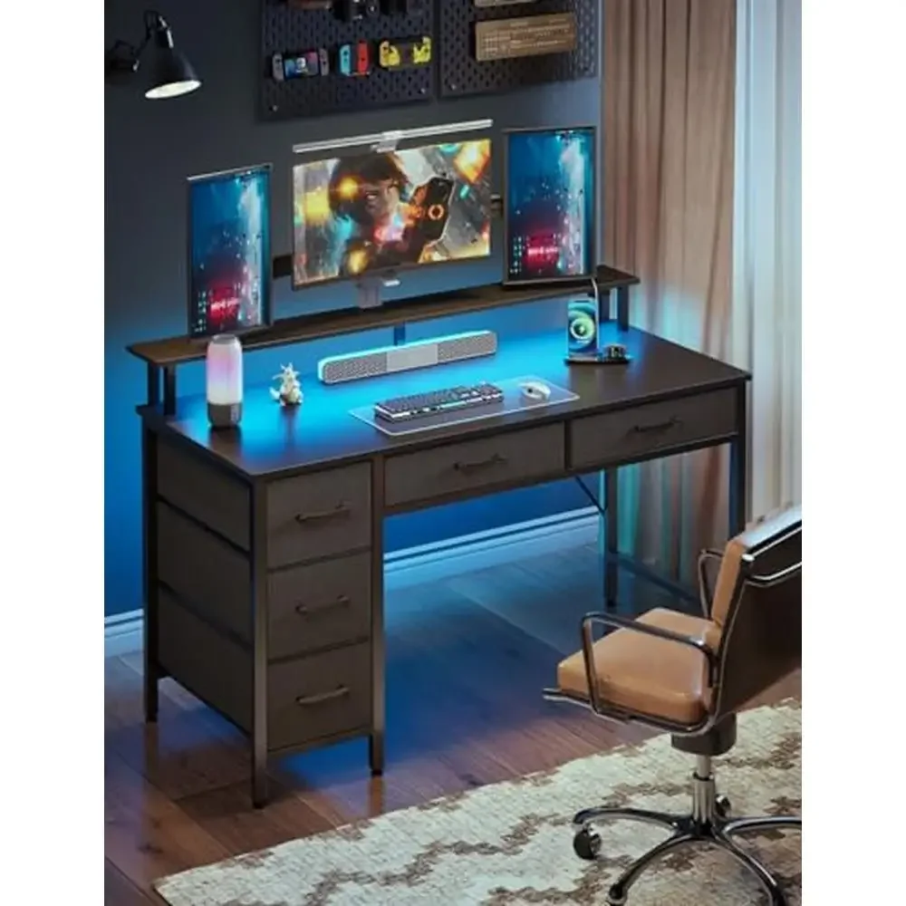 Desk with Power Outlets & LED Light 39" Home Office Writing Desk 5 Drawers Monitor Stand Keyboard Tray Gaming Desk Top Organizer