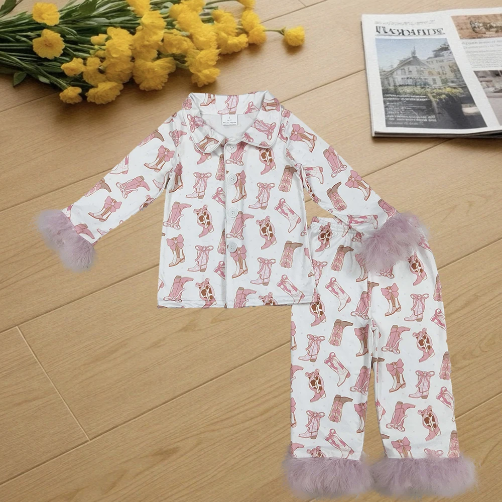 

9.19 Autumn Wholesale Western Boutique children Baby Girls Pink Fur Sleeves Bows Boots Plaid Button Top Pant Pajamas Set