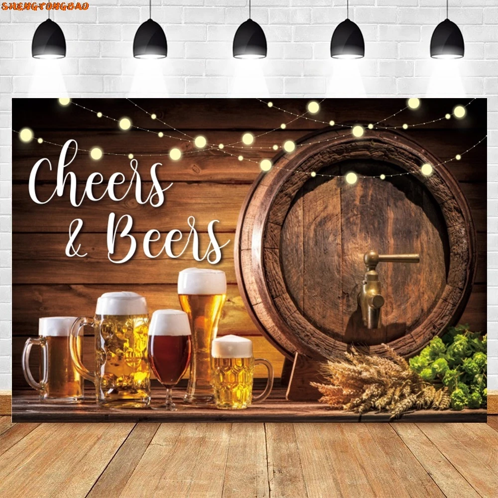 Toile de fond de photographie joyeux anniversaire, bière acclamations, or, paillettes, ballon, vin, planche en bois, décor de fête, arrière-plan, accessoires de studio photo