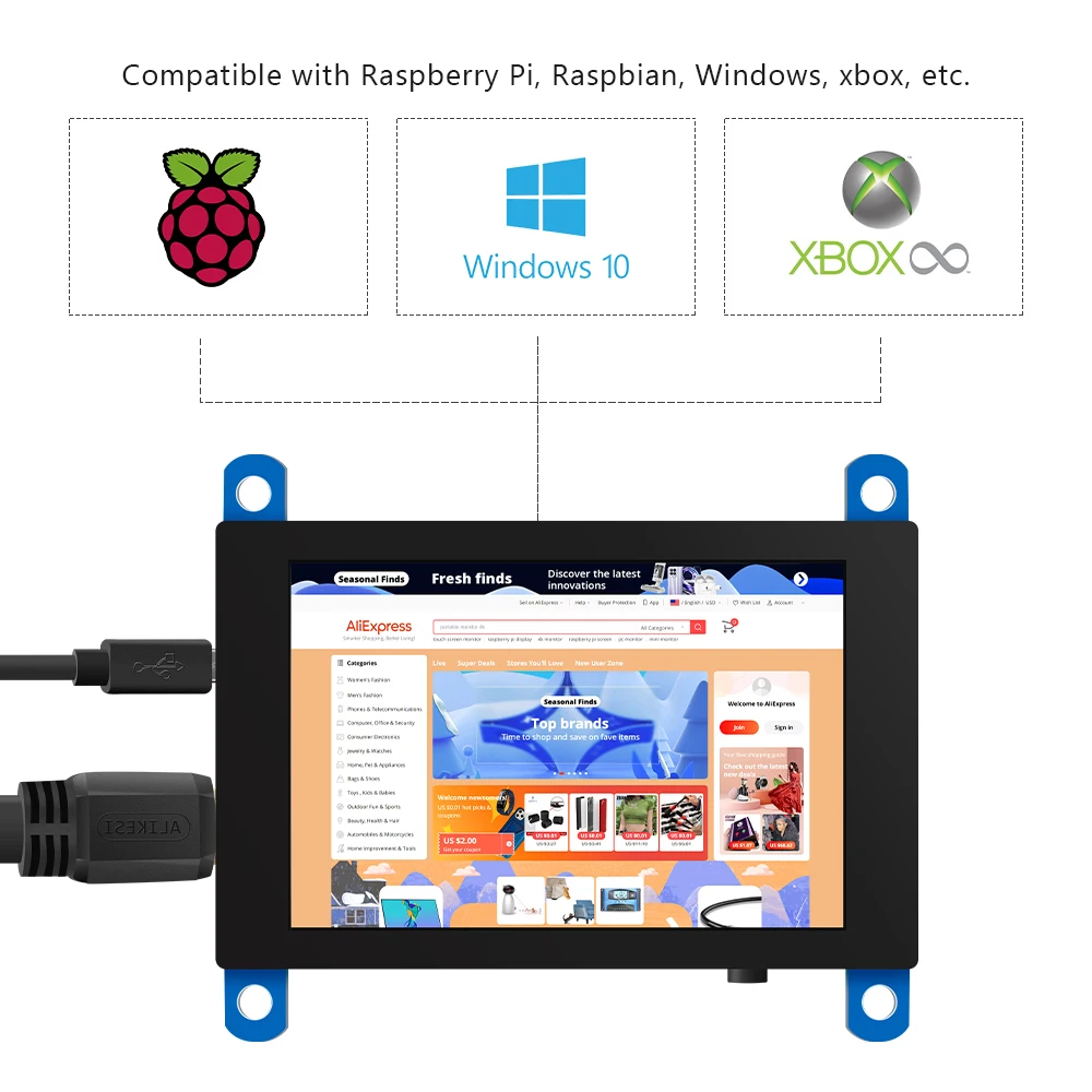 Mini HDMI LCD Touch Screen Monitor, Compatível com Raspberry Pi 400, 3B +, 3B, Windows, 3.5 ", 480x320