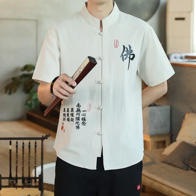 

Chinese Style Shirt Mens Tops Tang Suit Linen 3/4 Sleeve Traditional Kung Fu China Type Hanfu Shirt Plus Size 4Xl 5Xl