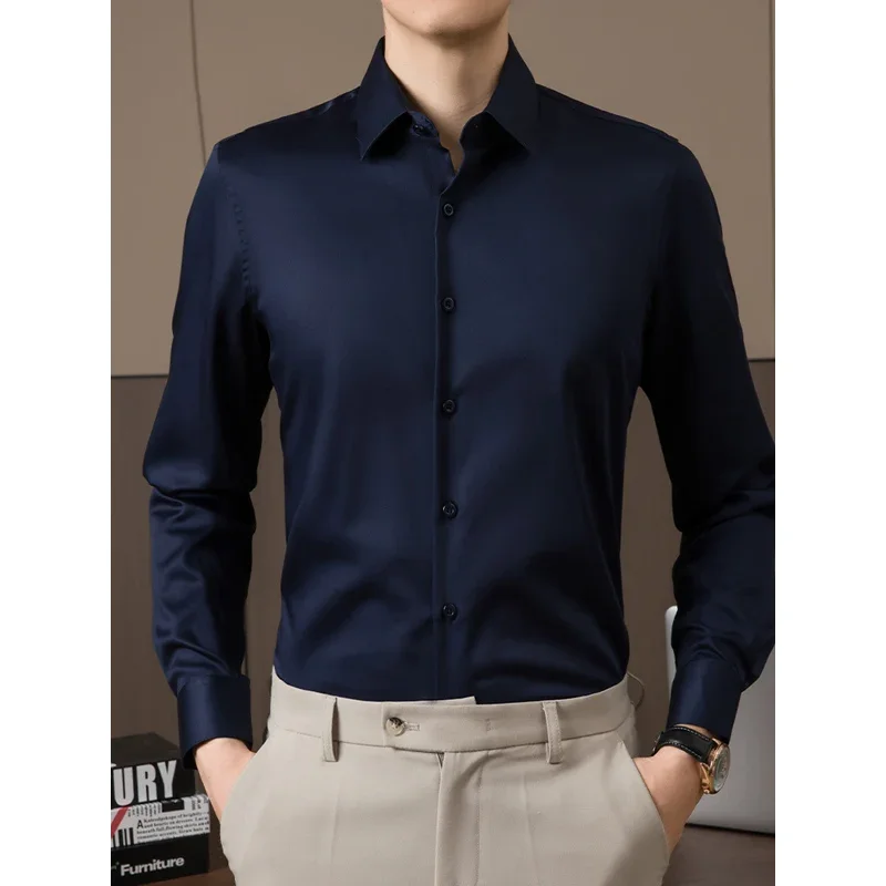 

Brand Business Shirts for Men 2024 Spring and Autumn Solid 100% Cotton Wedding Men Shirts Fashion Turn-Down Shirt Men