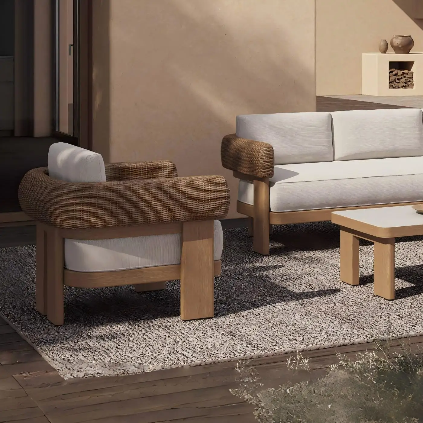 ！@Dwoo Aluminum Woven Rattan Sofa 4 Piece Set Comfortable Patio Furniture Garden Outdoor Sofa Set