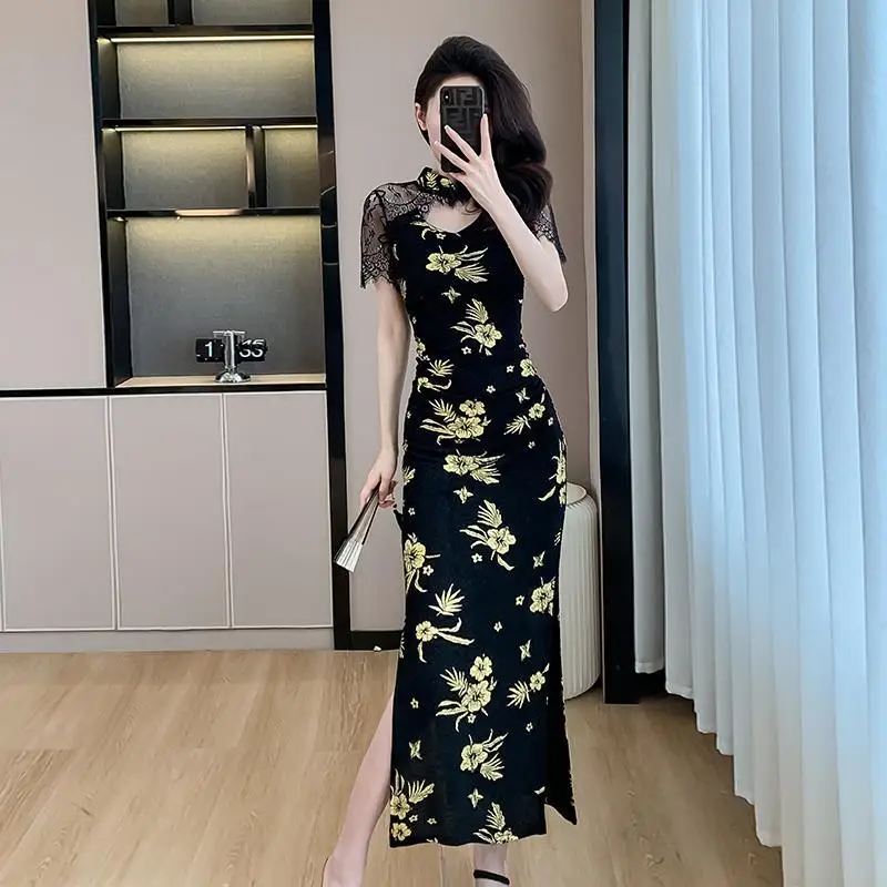 Robe slim rétro à manches courtes pour femmes, robes de RhCheongsam, mode fendue, nouveau, 2024