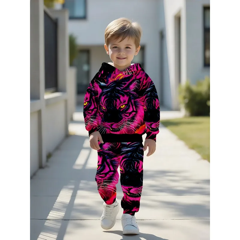 Kids Hoodie Jogger: Star Soccer Print, Neon Tiger Graphic, NY Letter Panel, Spider Web, King Crown Tracksuit