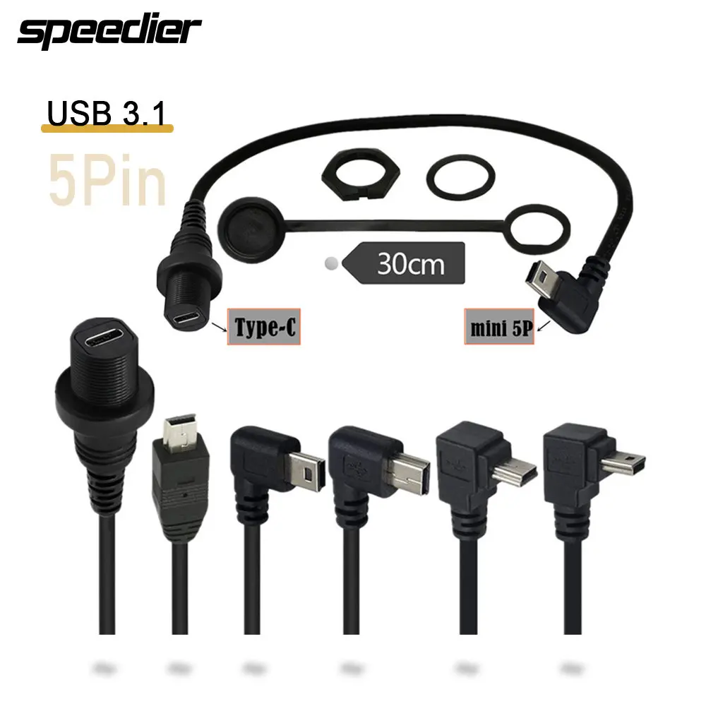 USB 3.1 Type C Female To Mini USB 90° Angle Male AUX Flush Panel Mount Waterproof Cable for Car Truck Boat Motorcycle Dashboard