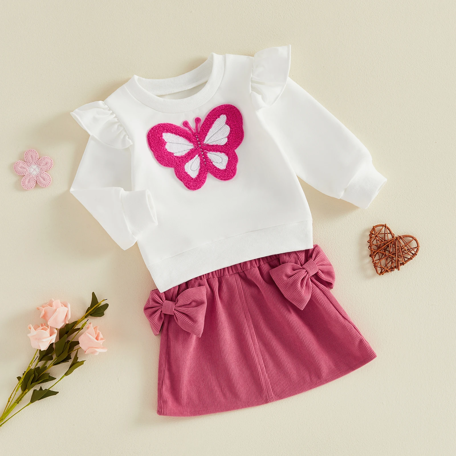 0-24M Baby Girl Fall Outfit Butterfly Embroidery Long Sleeve Sweatshirt Bow Skirt Set Cute Girls Autumn Clothing Set