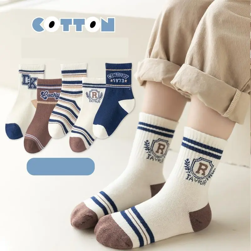 2024 Spring Fashion Boy Children Letter Print Breathable Sports Socks Girl Baby Cute Striped Cotton Socks Kid Casual Mid Socks