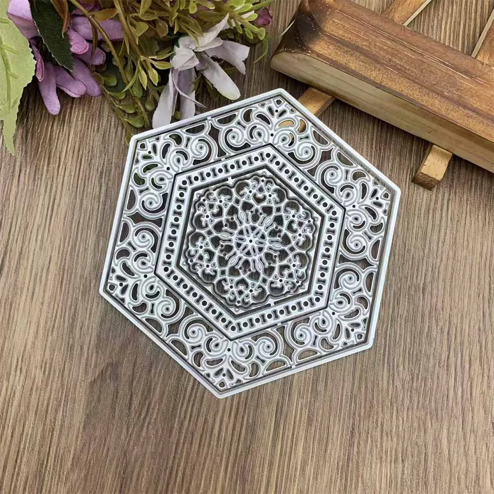 Mehrschichtige Vintage-Scroll-Sechseck-Hohlrahmen-Metall-Stanzformen für Mandala-Scrapbooking, Karten-Hintergrundprägung und Bastelarbeiten