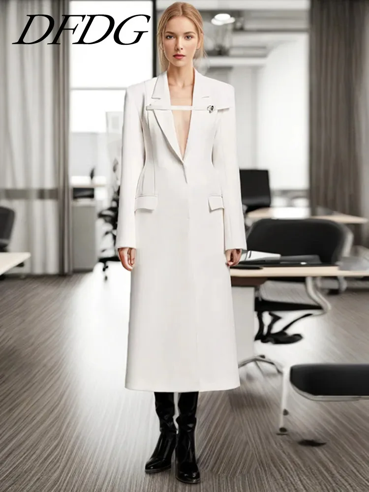 

DFDG Women Slim Slim Long Trench Coat 2024 Spring New Fashion Design Sense Buckle Suit Jacket Woman，Suitable For Leisure Outing