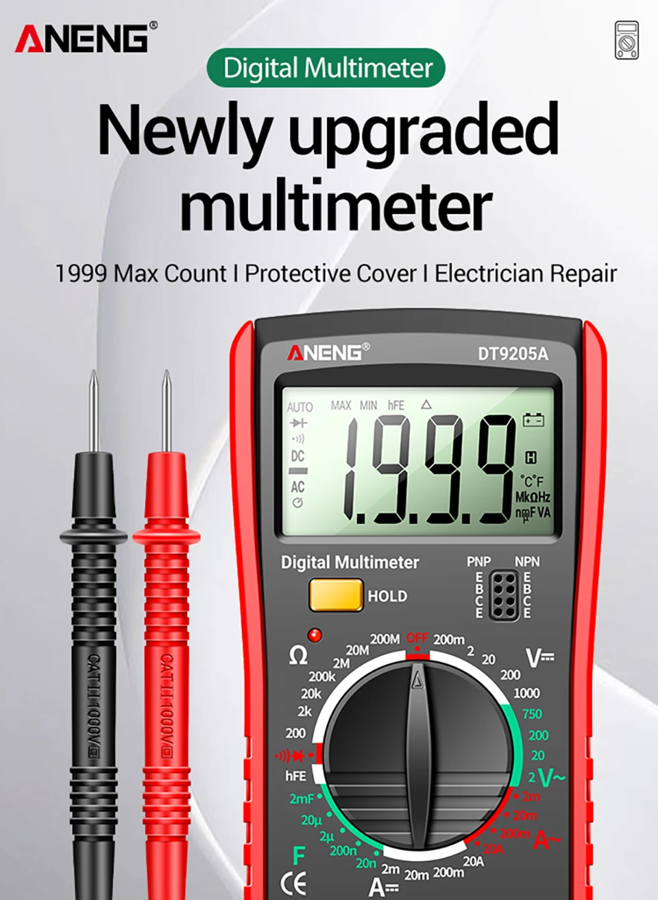 ANENG DT9205A Multifunktionales Digitalmultimeter mit 1999 Zählungen, Summer, Dioden- und Transistortest, Universalmessgerät für Elektriker – Detail 1