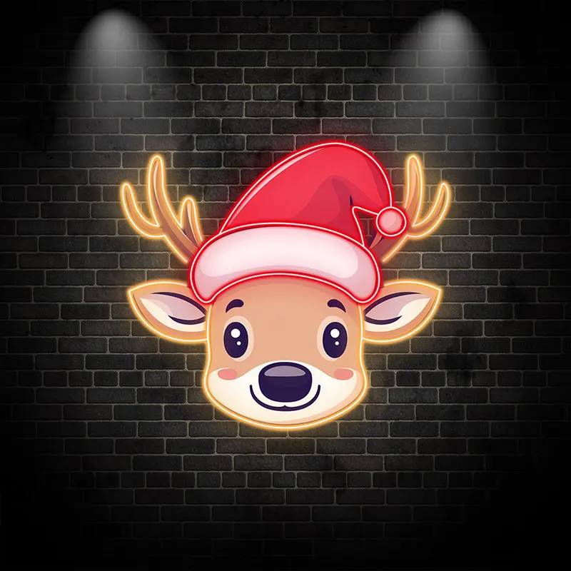 Reindeer Neon Sign Christmas Print Art – Cute Reindeer with Bell and Santa Hat, Festive Wall Art for Kids Room or Holiday Decor