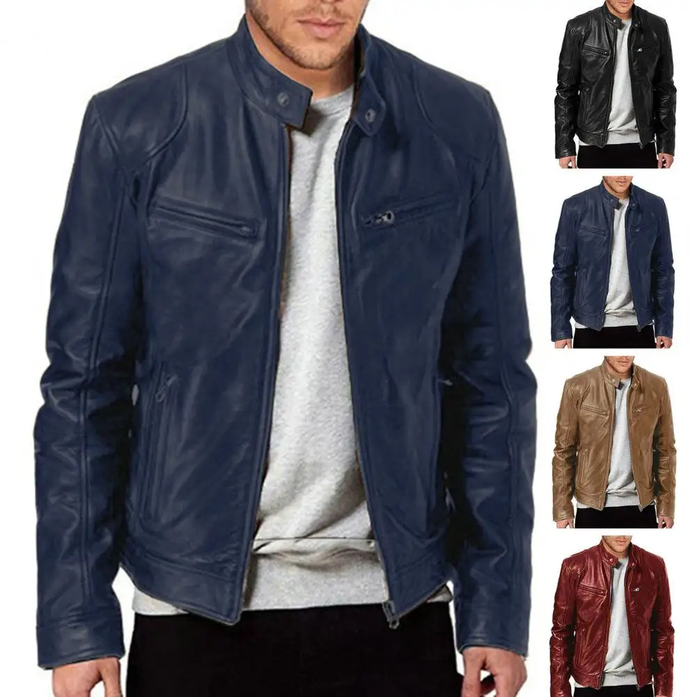 Herren Freizeit jacke stilvolle Herren Kunstleder Motorrad jacke wind dichte Stand kragen Reiß verschluss taschen für Herbst Frühling wind dicht