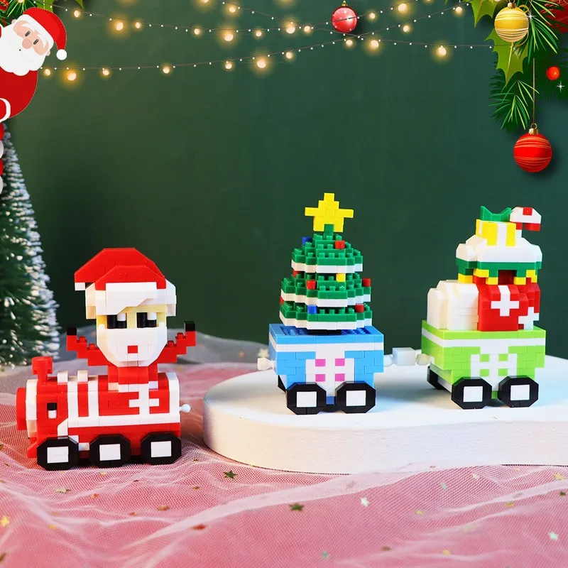 Kawaii Christmas Train Santa Claus Tree Snowman Building Blocks Stocking Mini 3D Model Figure Micro Brick Toys For Kids Gifts