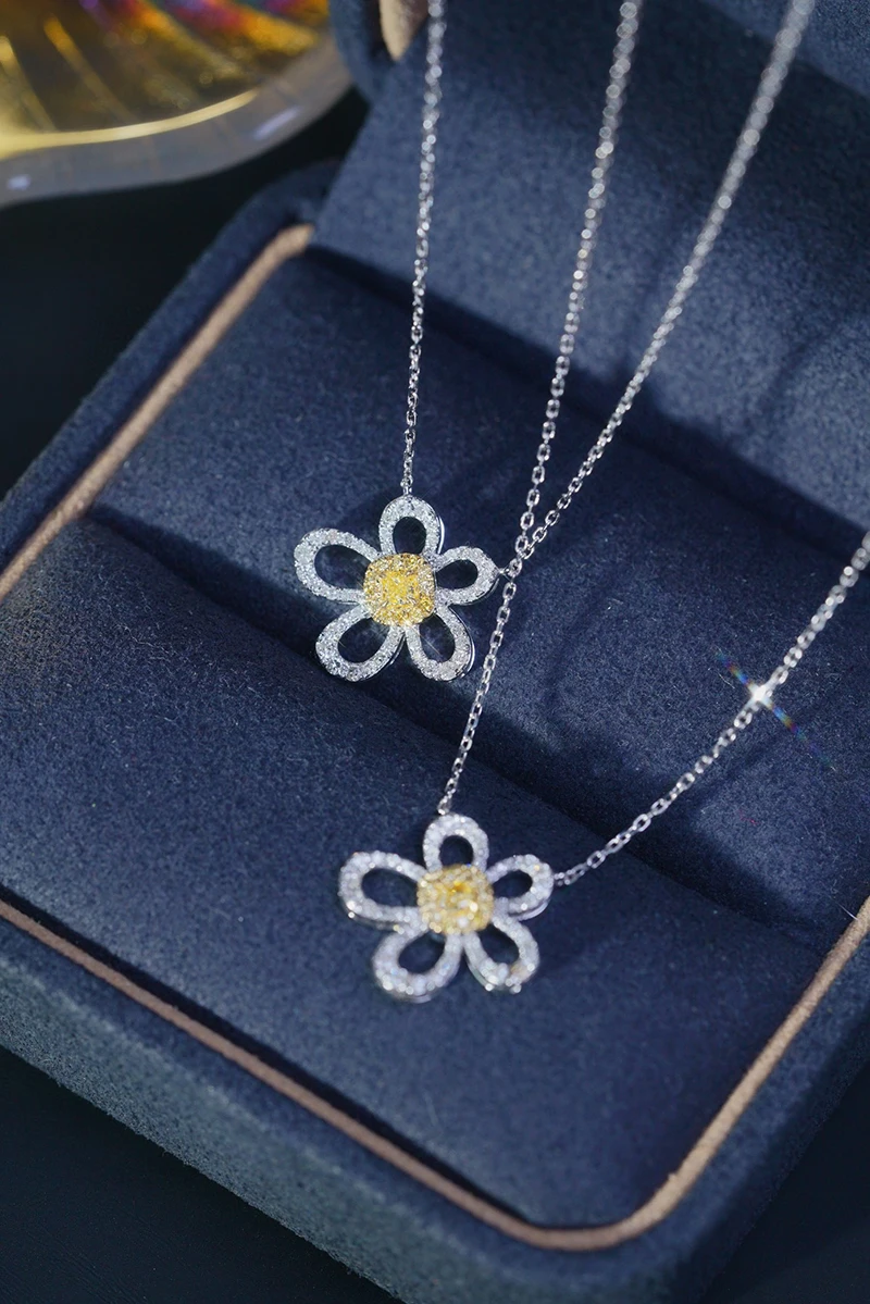 KUGG 18K White Gold Necklace Real Natural Yellow Diamond Pendant Necklace for Women Fine Christmas Gift Romantic Flower Design