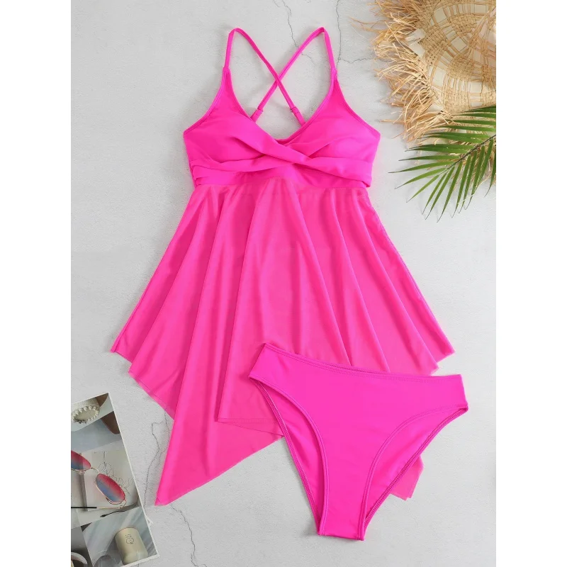 2025Two-Piece Swimsuit for Women, Solid Color Skirt Style, Mesh, Slimming, Sexy Swimwear, Bikini