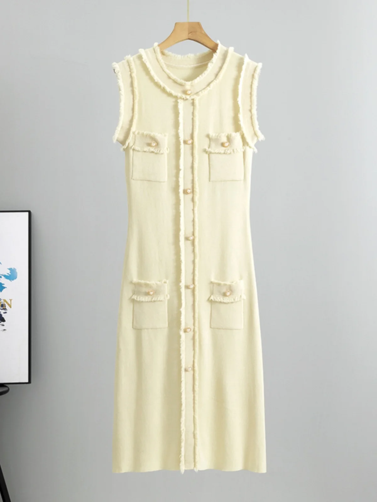 Verano 2024 Svel Chaleco de seda de hielo de punto Dr Luxury Faion Color ature Sle Falda Midi redonda Neline ceñido al cuerpo