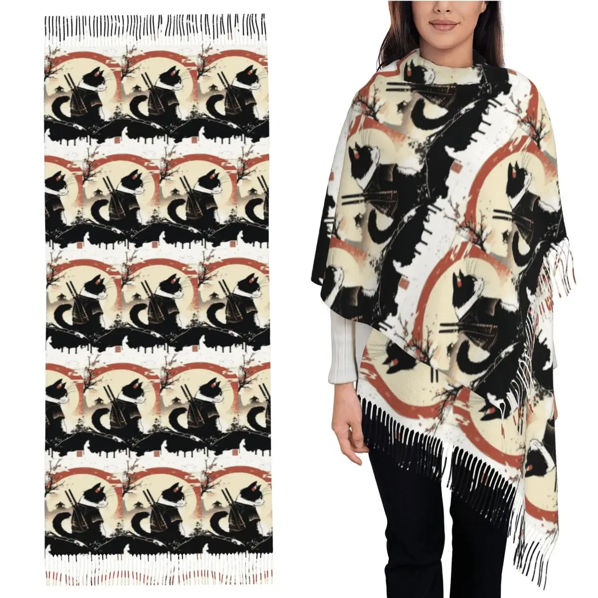 

Cats Anime Samurai Sword Scarf Tassel Scarves for Women Soft Warm Shawls and Wraps Large Fall Winter Shawl Wrap