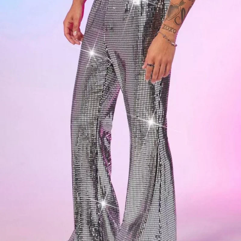 

Trendy Sequin Plaid Bell Bot Pants Men's Casual Stage Performance Hip Hop Loose Fit Polyester Fiber Spring 2026